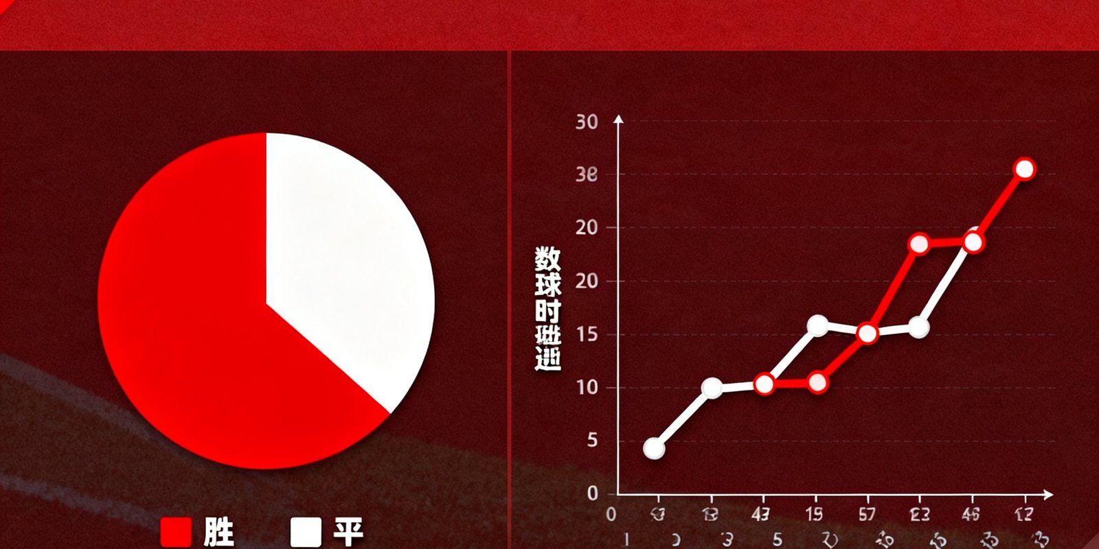 曼联与阿森纳近5场历史交锋数据图表，包含胜负平分布饼图和进球时间轴折线，红色代表曼联数据，白色代表阿森纳数据